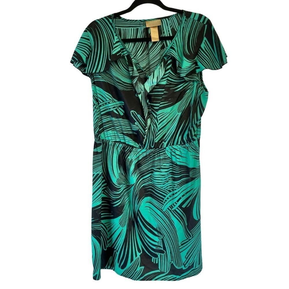 Miss Tina Women Dress Teal Black Tropical Palm Leaf‎ XL Ruffle Flutter Sleeve